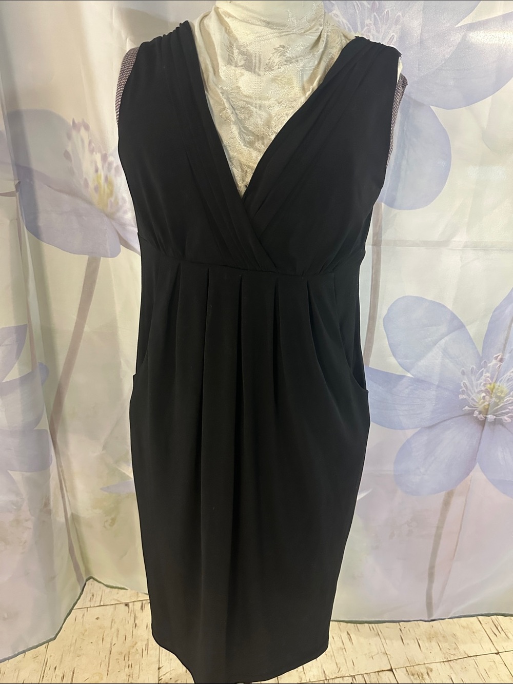 Sleeveless Black V-Neck Pleated Waist Dress